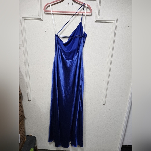 Lulus Flirtatious Evenings Blue Satin Asymmetrical Backless Maxi Dress Party - Picture 10 of 10